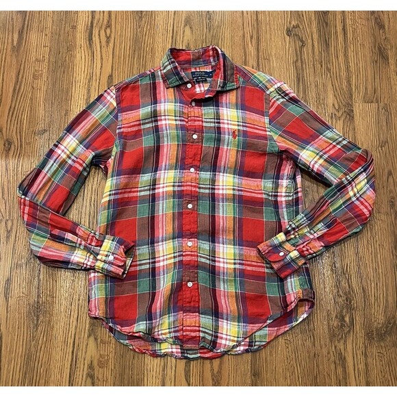 Polo Ralph Lauren Shirt Mens Medium Linen Button Up Plaid Colorful Classic Fit - Picture 1 of 6
